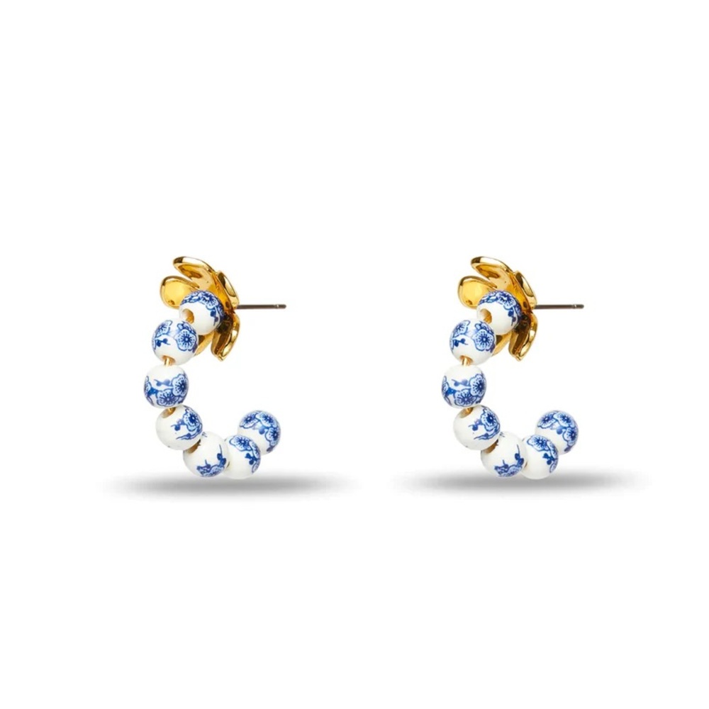 Blue and White Porcelain Bead Gold Hoop Earrings